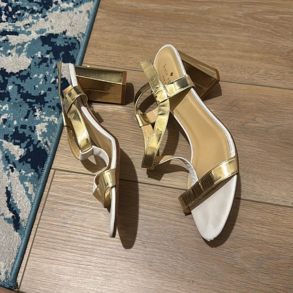 KATE SPADE NY White/Gold Chunky Block Heel Sandals Size 10 - Picture 2 of 12